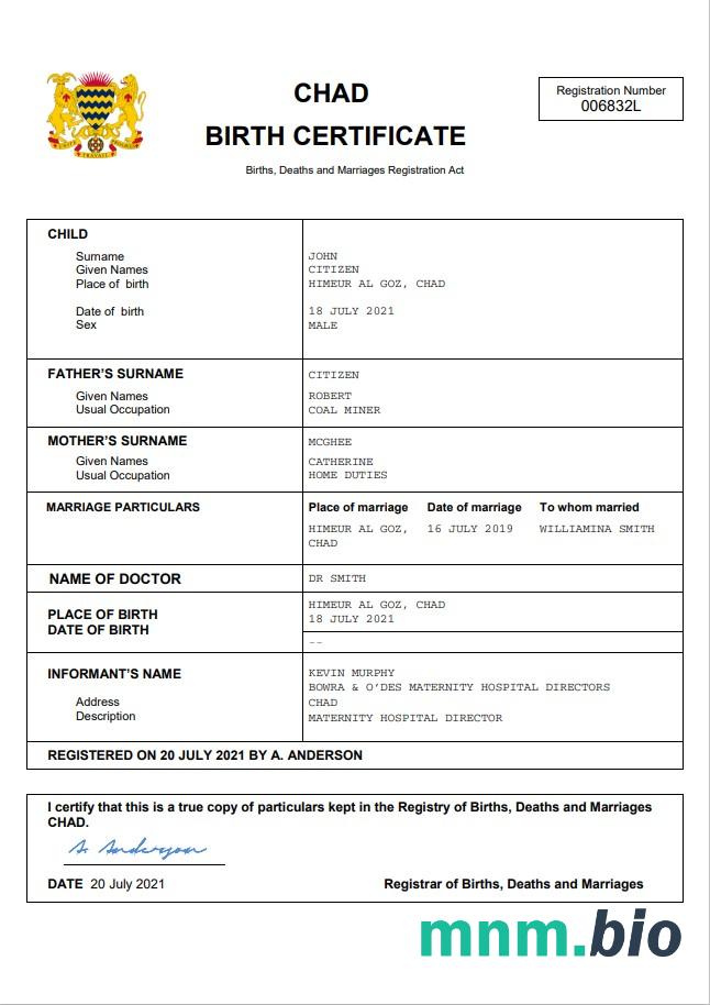 Chad narodziny certyfikat Word i PDF szablon